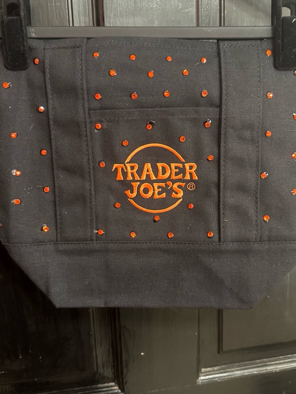 Black Canvas Tote with Orange Logo and Accent Gems